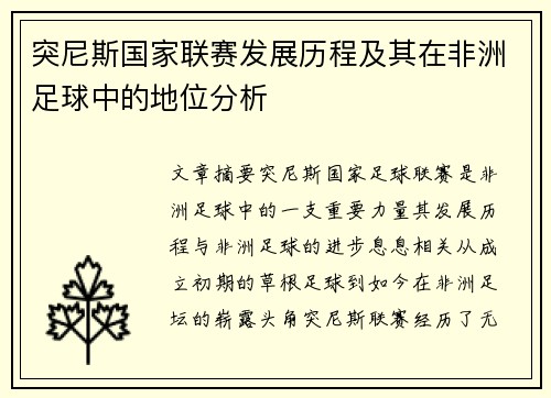 突尼斯国家联赛发展历程及其在非洲足球中的地位分析