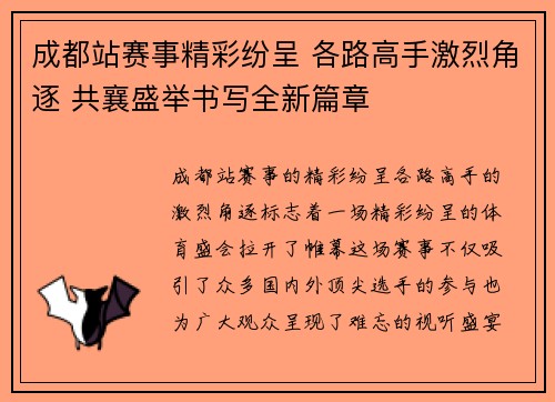 成都站赛事精彩纷呈 各路高手激烈角逐 共襄盛举书写全新篇章