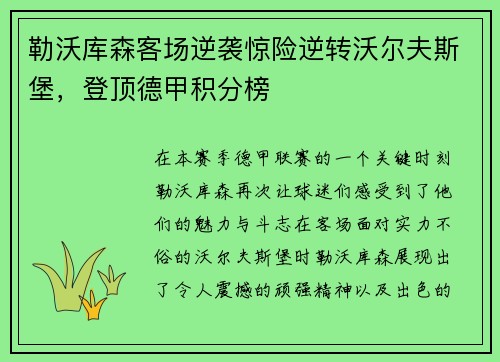 勒沃库森客场逆袭惊险逆转沃尔夫斯堡，登顶德甲积分榜